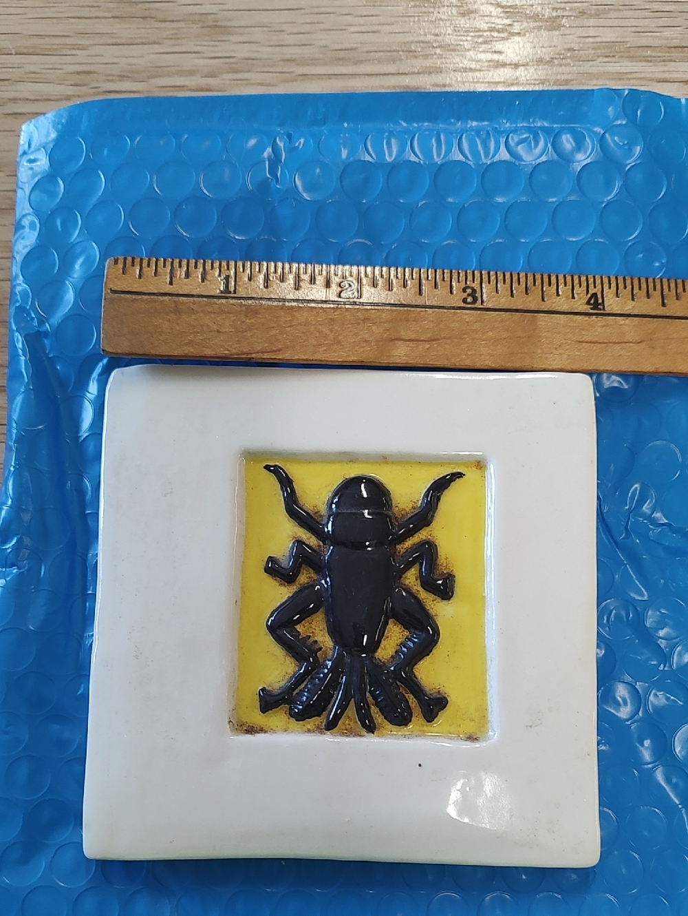 Scarab Beetle Tile  White with Black Beetle Accent - Yellow Background